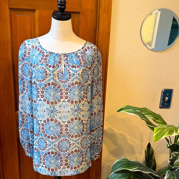 PRICE FIRM Tory Burch Blue and Brown Geometric Blouse Size 10 - Picture 1 of 10